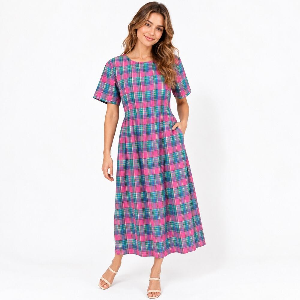 Vintage 90s Two Twenty Prairie Plaid Pleated Midi Shirt Dress Cotton Pink Small